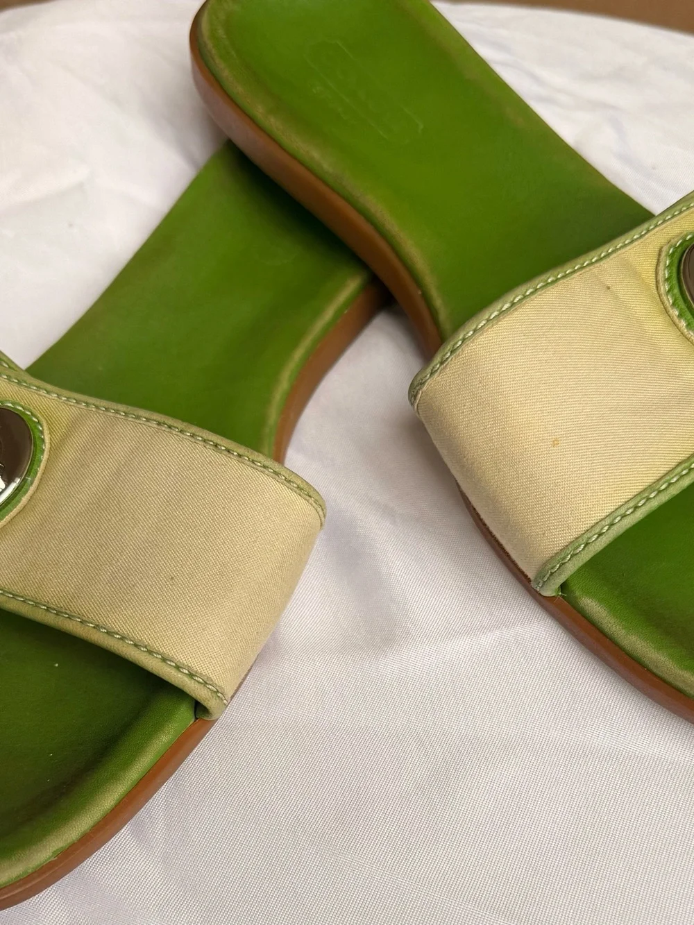 Coach Green and Cream Slide Sandal with Silver Turn-Lock Accent